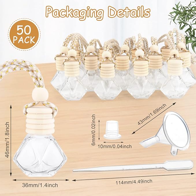 50 Pcs/Set,8ml Hanging Car Air Freshener Diffuser,Empty Clear Glass Essential Oil Fragrance Perfume Diffuser Pendant Glass Vials with Wooden Caps & Hanging String,Diamond Shaped Style