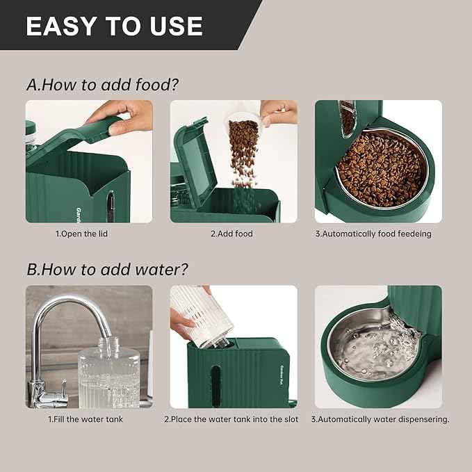 Gardner Pet Automatic Gravity Pet Feeder, 0.8 Gallons*2 Dog Feeder and Water Dispenser Set 100% BPA-Free, 2-in-1 Gravity Feeder with Stainless Steel Bowl for Dogs, Cats, Rabbits, Puppies (Green)