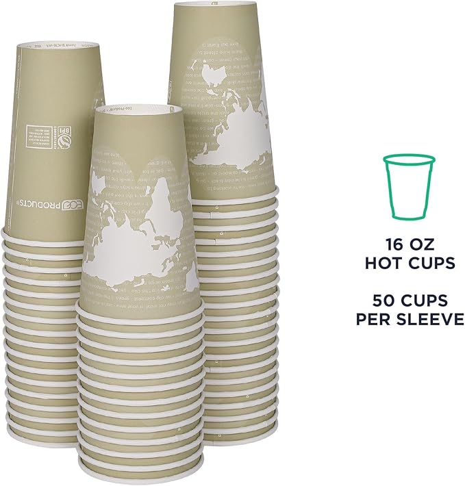 ECO PRODUCTS Compostable Disposable World Art 16oz Large Coffee Cups, Pack of 50, Renewable Hot Paper Cup, Plant Based PLA Lining, Color Coded