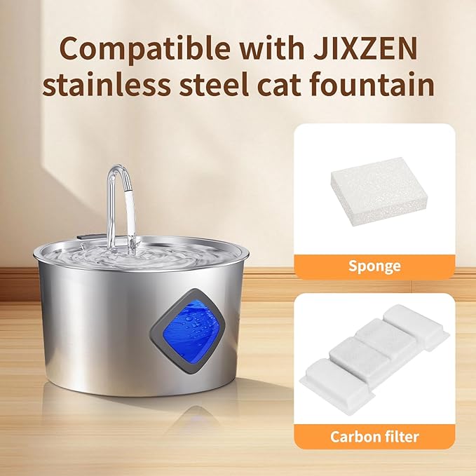Cat Water Fountain Replacement Filters, 8-Pack Filters & 8 Sponges, Compatible with JIXZEN 3.2L Stainless Steel Cat Water Fountain (Model OC-10TY10)