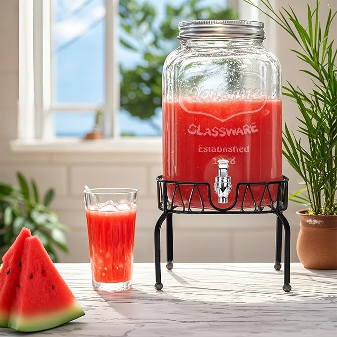 Glass Beverage Dispenser with Stand and Lid, One Pack-2 Gallon with Spigot - Glass Drink Dispensers for Parties, Wedding, Ideal for Juice, Beer, Ice Tea