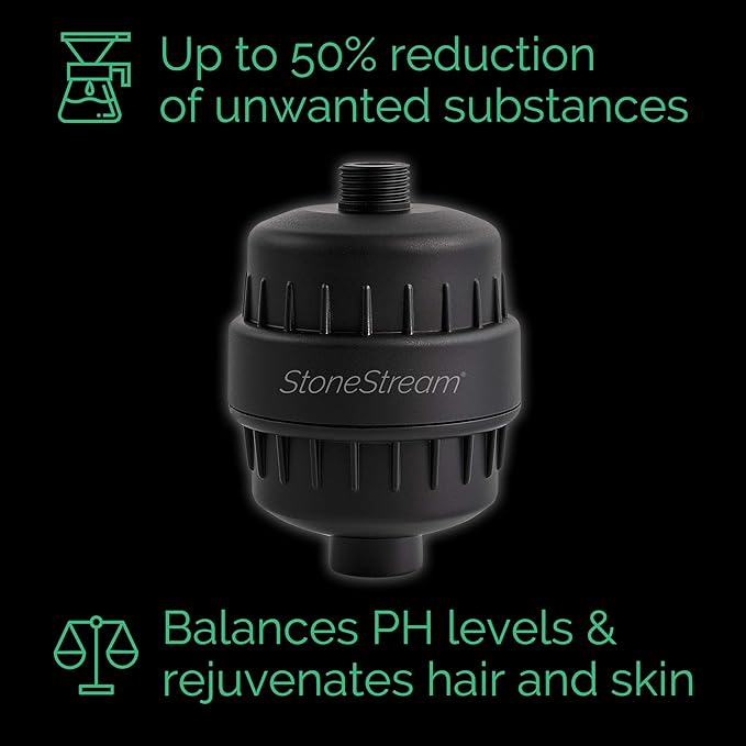 Original StoneStream® EcoPower Shower Head System — Spa Like Ionic Vitamin C Filter to Soften Water, Increase Pressure & Save Water — Showerhead + Hard Water Filtration + Adapter Kit — Black