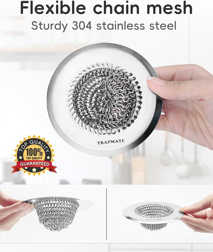 TRAPMATE 2 Pcs Kitchen Sink Strainer, Easy Clean Sink Drain Strainer, Anti-Rust Stainless Steel Sink Strainer, Anti-Clogging Strainer for Garbage Disposal, Dishwasher Safe (Patented Product)