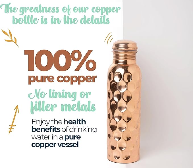 Diamond Cut Copper Water Bottle - Leak Proof Ayurvedic Drinkware Copper Vessel for Sports, Gym, Outdoors, Yoga