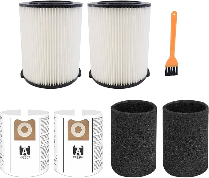 Ridgid Shop Vac Filter Replacement - VF4000 & VF3502 + 2 Pack Foam Sleeve + Brush Cleaner (6 Piece Set) - AquaVibe