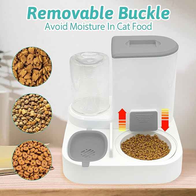 Fhiny Gravity Cat Feeder and Water Dispenser, 2 in 1 Automatic Pet Waterer Detachable Ceramic Food Bowls Set Pet Food Storage for Small Dog Puppy Cat Kitten Pet Easy Clean (Grey)