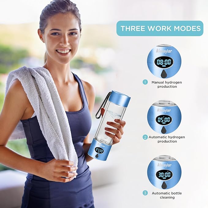 Aiwaylar Hydrogen Water Bottle - Portable, Rechargeable, LED Timer,3 Work Mode, Aluminum and Glass,360ML,Hydrogen Water Ionizer Machine with PEM/SPE Technology, Suitable for Office,Home,Gym Outdoor