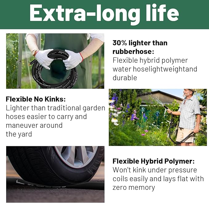 Garden Hose 75 ft x 5/8 in Heavy Duty Water Hose, Flexible and Durable, Lightweight Rubber Hybrid Hose, Leak-Free Connections, Male to Female Fittings, BT75B, Black