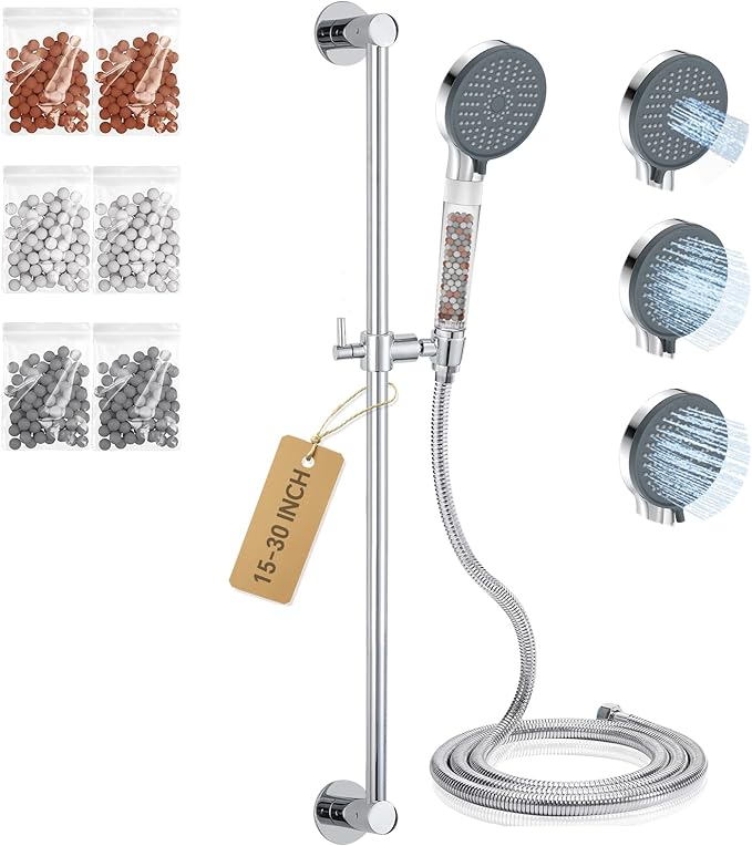 YDmeet Filtered Handheld Showerhead with 30-Inch Shower Slide Bar Set, 3-Mode Spray Setting, Long Metal Hose, Extra 6 Packs Replacement Mineral Balls for Refills, Chrome - AquaVibe