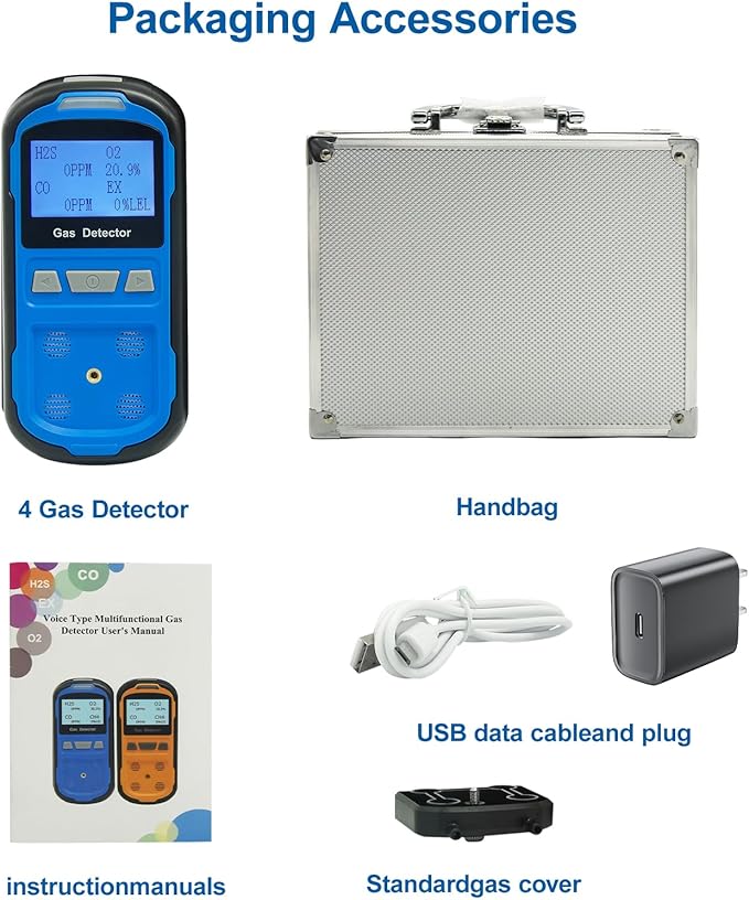 Upgraded 4 Gas Monitor Multi Gas Detector, Yfwsrecinoe Gas Leak Detector, Rechargeable 4 Gas Monitor Ex H2s Co O2 with LCD Multiple Indicator (Blue)