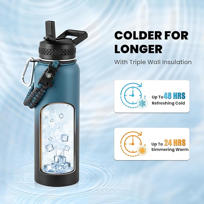 Insulated Water Bottle 40 oz, Triple Wall Vacuum Stainless Steel (Cold for 48 Hrs), Leak Proof & Non-BPA, Modern Water Flask Jug with Paracord Handle & Straw Spout Lids, Indigo/Black