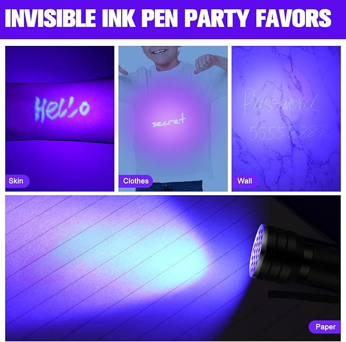 Tegeme 4 Invisible Ink Pen Set 2 Invisible Marker 2 Blacklight Flashlights with UV Black Light Markers Disappearing Ink Pen for Secret Notes Holiday Gifts Favors(21 LED)