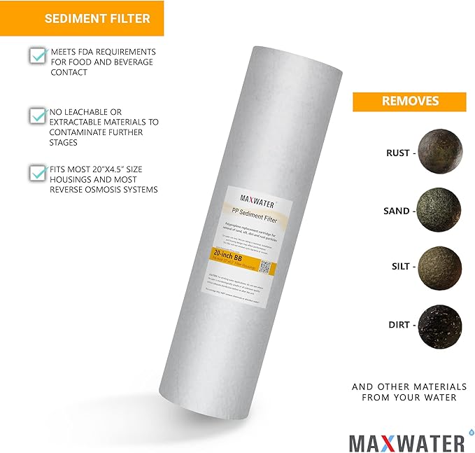 Max Water 10 Micron 20 x 4.5 Sediment Water Filter Replacement Cartridge, Whole House Sediment Filtration Compatible with DGD-5005-20, FP25B, AP810-6, FPMB5-20, P5-20, 155358-43, SDC-45-2005, 4 Pack