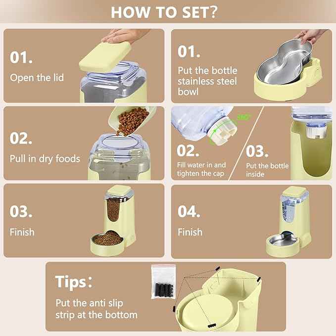 HWONMTE Portable Automatic Cat Feeder and Water Dispenser with Stainless Steel Bowl Dog Gravity Food Feeder and Waterer for Small Medium Pets Puppy Kitten 1 Gallon x 2 (Cream Yellow)