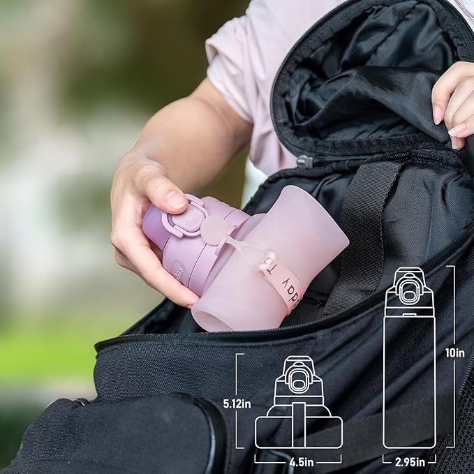 TakeToday Collapsible Water Bottles 20oz (600mL), Foldable Platinum Silicone Travel Water Bottle with Straw & Carry Strap, Leak-Resistant Screw Lid, Wide Mouth, BPA-Free for Hiking, Camping, Travel