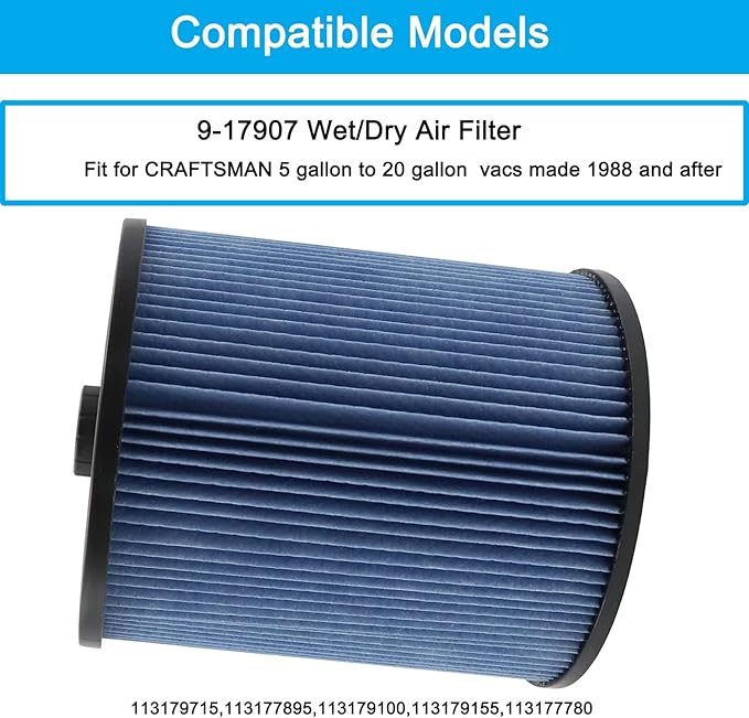 MZY LLC 2 Pack 17907 Cartridge Filter for Craftsman Shop Vacs 5 to 20 Gallon, 3-Layer Pleated 9-17907 Wet/Dry Fine Dust Filter - AquaVibe