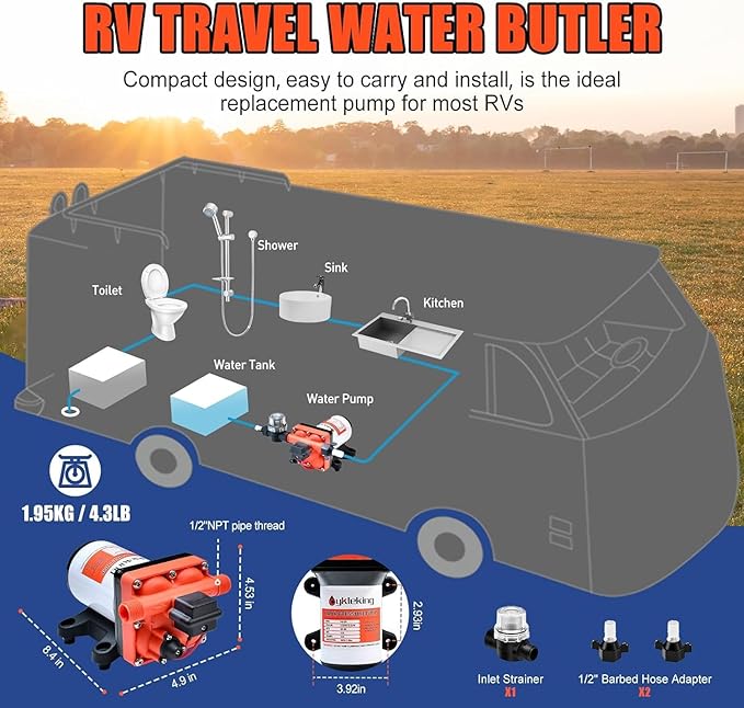 RV Water Pump 3.5 GPM 55 PSI 12V On Demand Diaphragm Pump with Bypass for Reduced Cycling, Quiet Camper Self-Priming Water Pump For RV,Camper,Travel Trailer,Boat,Replacement for 4008-101-A65