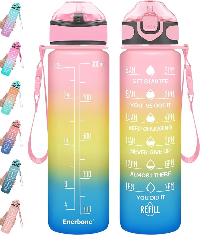 Enerbone 32 oz Drinking Water Bottle with Times to Drink and Straw, Motivational with Carrying Strap, Leakproof BPA & Toxic Free, Ensure You Drink Enough Water for Fitness Gym Outdoor