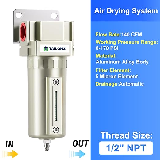 TAILONZ PNEUMATIC 1/2" NPT Industrial Grade Heavy Duty Particulate Air Filter with Metal Bowl - Paint Spray Compatible, Manual Drainage System - AquaVibe