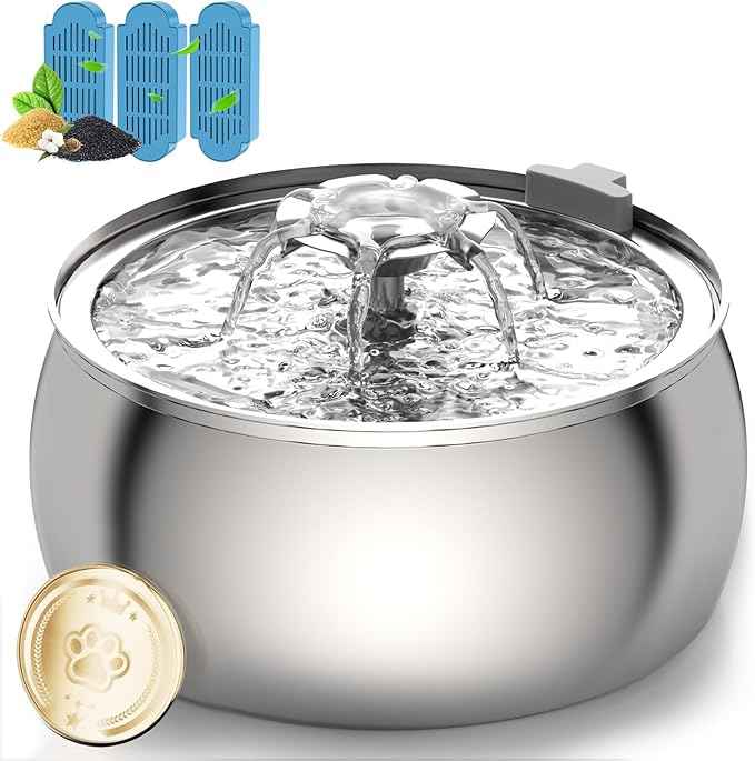 Tomxcute Cat Water Fountain, 4.0L/135oz Stainless Steel Cat Water Fountain, Flower Design, Ultra-Quiet Pump, Includes 3 Replacement Filters, for Cats and Dogs