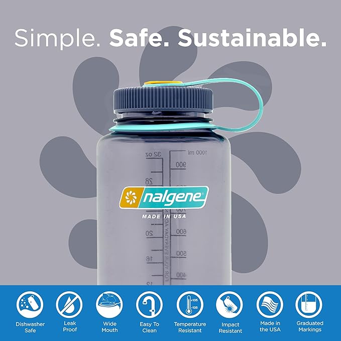 Nalgene Leak Proof Tritan BPA-Free Water Bottle - 32 oz Wide Mouth - Made in the USA for Outdoor Use & Daily Hydration (Aubergine)
