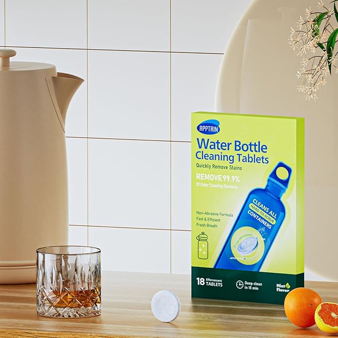 Water Bottle Cleaning Tablets, 18 Pack Bottles Clean Tablet Hydration Bladder Cleansing Tablets for Hydration Bladder, Water Bottle, Individually Packed, Mint Flavor