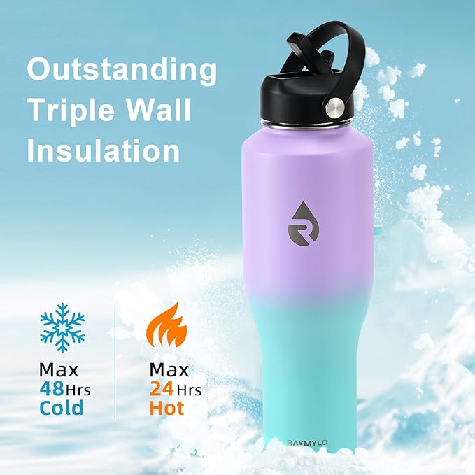 40 oz Insulated Water Bottle with Straw fit in Car Cup Holder, Triple Wall Vacuum Stainless Steel(Cold 48 hrs, Hot 24 hrs), Leakproof & Non-BPA, Hydro Travel Flask with Straw and Spout Lid