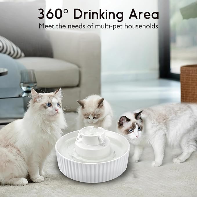 Ceramic Cat Water Fountain, 2.1L/71oz Cat Fountain with 3 Carbon Filters and 2 Quiet Pumps, Cupcake Pet Water Dispenser for Cats and Dogs (White)