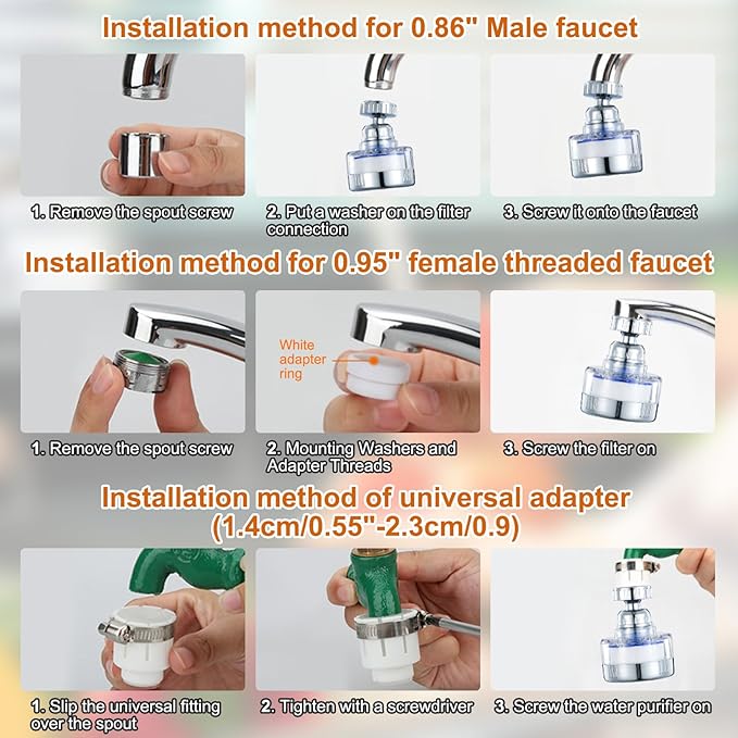 3 Pack Sink Water Filter Faucet, Universal 360 ° Rotating Kitchen Faucet Water Purifier, Bathroom Faucet Filter Removes Chlorine Fluoride Hard Water for Home Kitchen & Bathroom