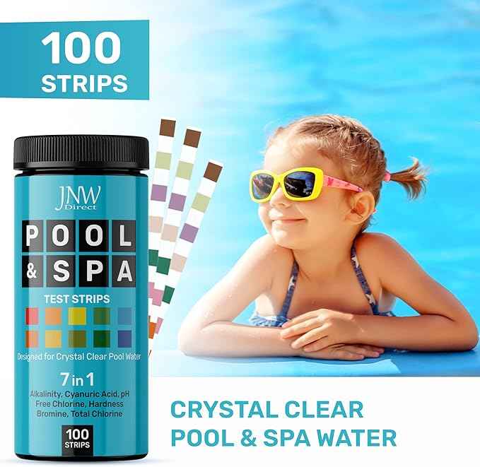 JNW 7-in-1 Pool Test Strips, 100 Quick & Accurate Test Strips for Pool Water, Spa Test Strips for Hot Tub, Chlorine Test Strips, Bromine, pH, Alkalinity, Hardness & More - Swimming Pool Test Kit