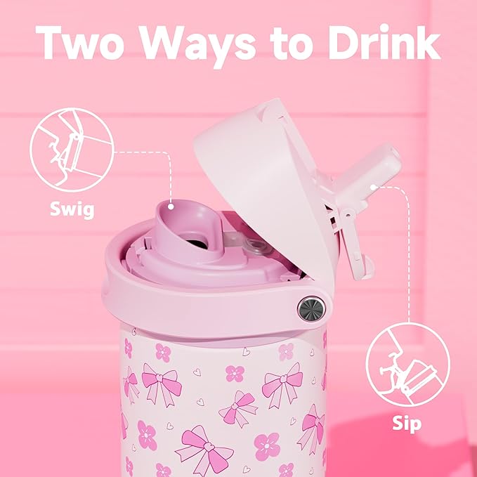 24 oz Insulated Water Bottle for Women: Meoky Stainless Steel Water Bottle with 2-in-1 Straw and Spout Lid - Leak Proof, Cold for 24 Hours, Fits in Car Cup Holder, BPA-Free for Sports Travel, Ribbonie