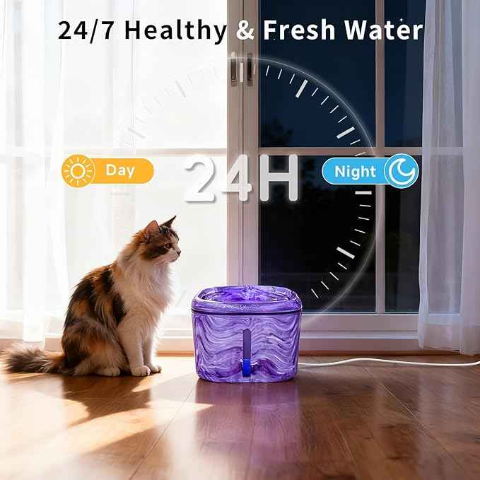 Cat Water Fountain Purple: Automatic Flower Pet Water Fountain for Cats Indoor-84oz/2.5L, Cute Cat Fountain for Drinking, LED Blue Light, Upgraded Ultra Quiet Pump, Gifts for Cats, Dogs (8Filters)