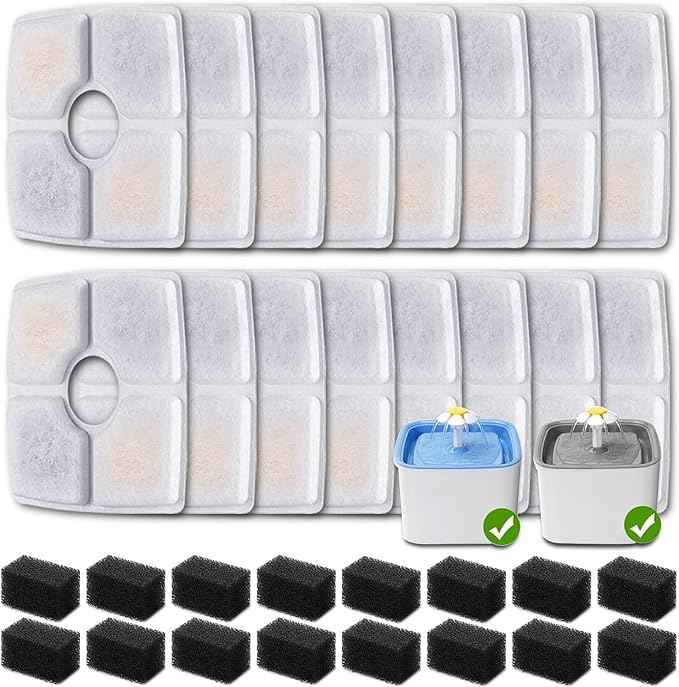 8 Pack Replacement Filters & 8 Pack Pre-Filter Sponges for Veken 84 oz / 2.5L Automatic Pet Water Fountain, Triple Filtration Cat Fountain Replacement Filter