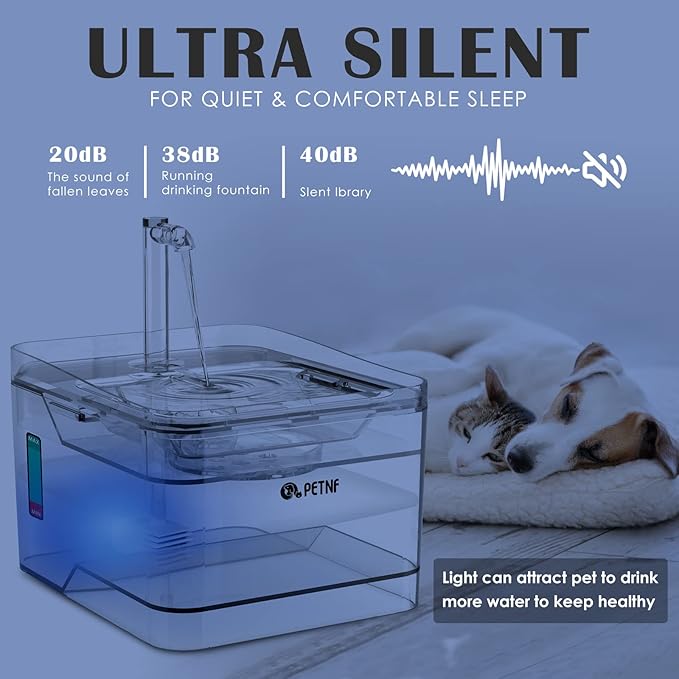 PETNF Transparent 3L/101oz Pet Water Fountain - Automatic Cat & Dog Dispenser with LED Light, Ultra Quiet Pump, 3 Flow Modes & 2 Filters - AquaVibe