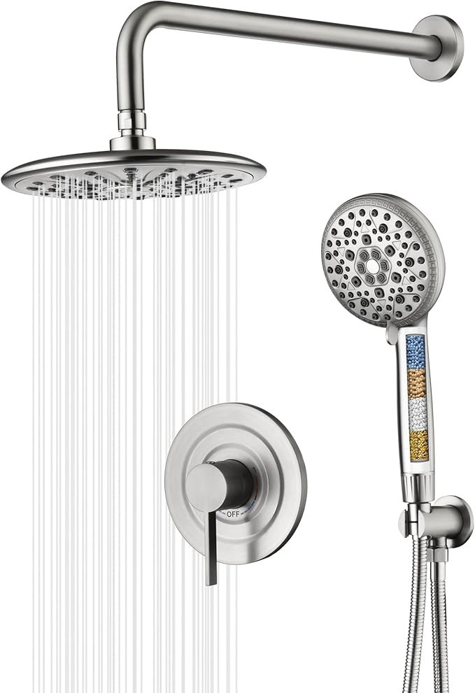 sumerain High Pressure 9 Inch Shower Faucet Set, Rain Shower System with Filtered Handheld Shower Head, Rough-in Valve and Trim Included, Brushed Nickel