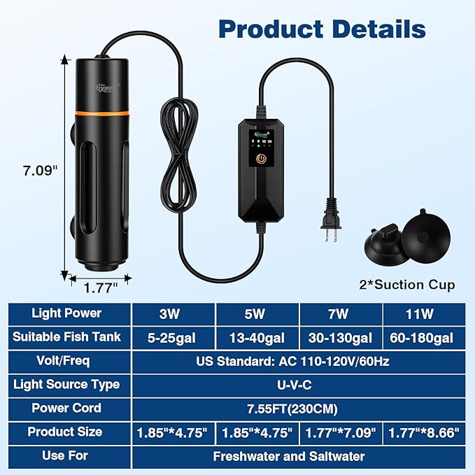hygger Aquarium U-V Light with Timer, 360° Protective Shield Clean Lamp for Green Water & Algae, Amphibian Small U-V Light for Freshwater & Saltwater Fish Tanks, 7W for 30-130 Gal