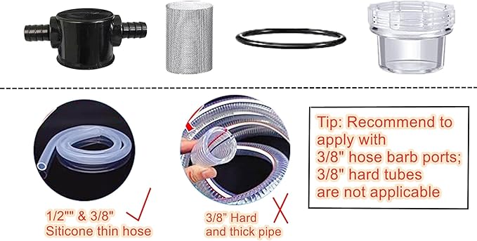 1/2 Inches Water Pump Strainer, RV Water Pump Filter Compatible with 3/8 Inches Hose Barb In-Line Strainer Twist-On Pipe Sprayer for 12V DC 80 PSI Camper Marine Boat Lawn, 80 Mesh Filter 2PC