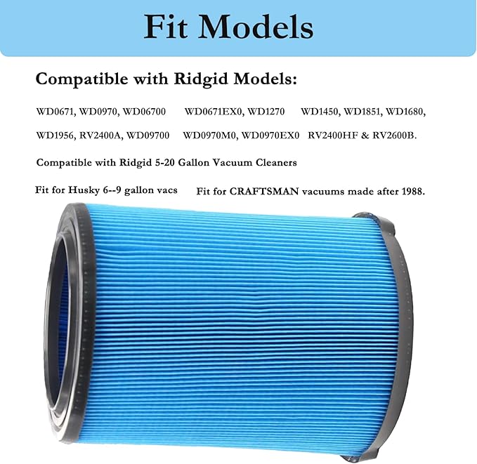 VF5000 3-Layer Pleated Vacuum Filter Compatible with Ridgid Shop Vac 6-20 Gallon Wet Dry Vacuums, Fine Dust Replacement Filter for Rigid WD1450 WD0970 WD1270 WD09700 WD06700 WD1680 WD1851 RV2400A - AquaVibe