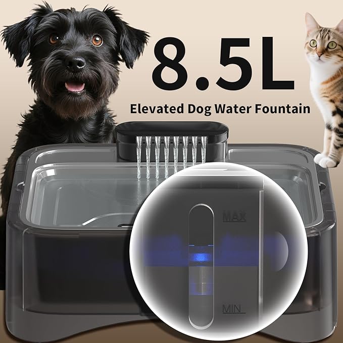 8.5L/2.25Gal Elevated Dog Water Fountain, Xetino 4 Height Adjustable Raised Dog Water Bowl Dispenser for Large Dogs with Stainless Steel Tray BPA-Free, Pet Water Fountain with Ultra Quiet Pump