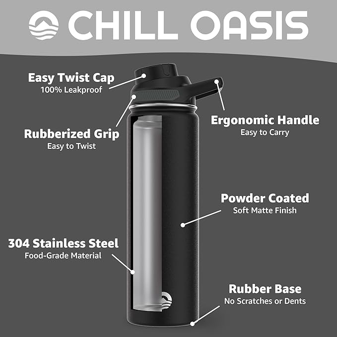 Chill Oasis Water Bottle | Compatible With Popular Flavor Cartridges | BPA Free, Leak Proof, Double-Walled Vacuum Insulated Stainless Steel, and Dishwasher Safe | Cold for 24 Hours (Black, 22oz) | BPA Free, Leak Proof, Double-Walled, Vacuum Insulated, ...