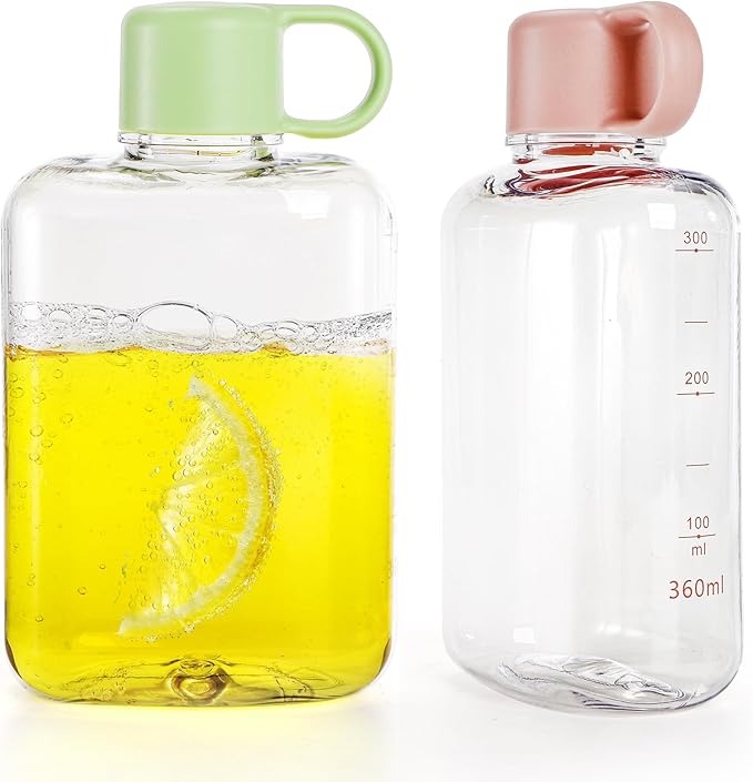 ZEAYEA 2 Pack Portable Flat Water Bottle, 12 oz BPA Free Slim Drinking Bottle, Plastic Travel Flask for Outdoor Sports, Camping, Fitness, Gym, Fits Purse Bag Pocket