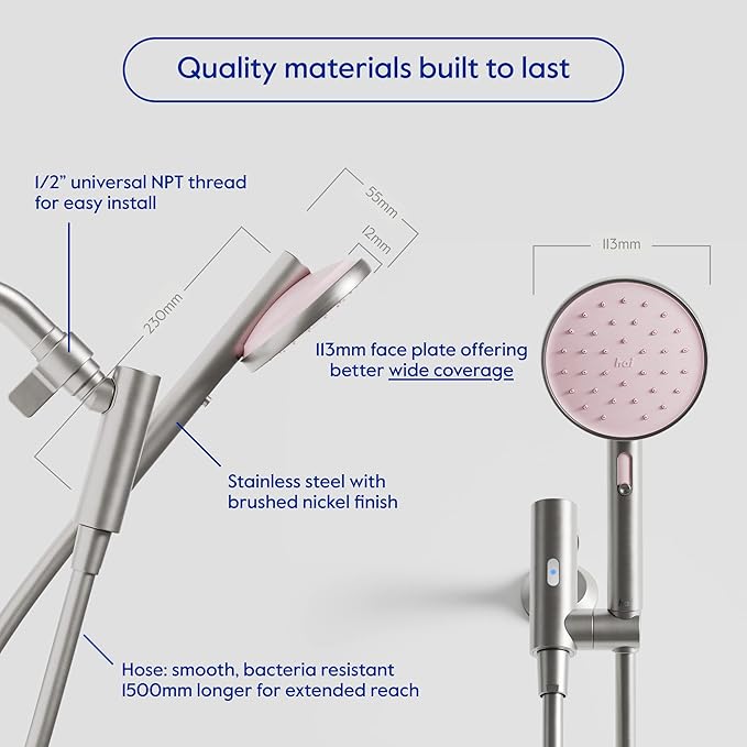 hai Smart Shower Head, Bluetooth Handheld Water Saving Showerhead with Adjustable High Pressure to Spa-Like Mist, Stainless Steel, Easy Installation, Customizable LED Lights, Rose Quartz, 2.5 GPM