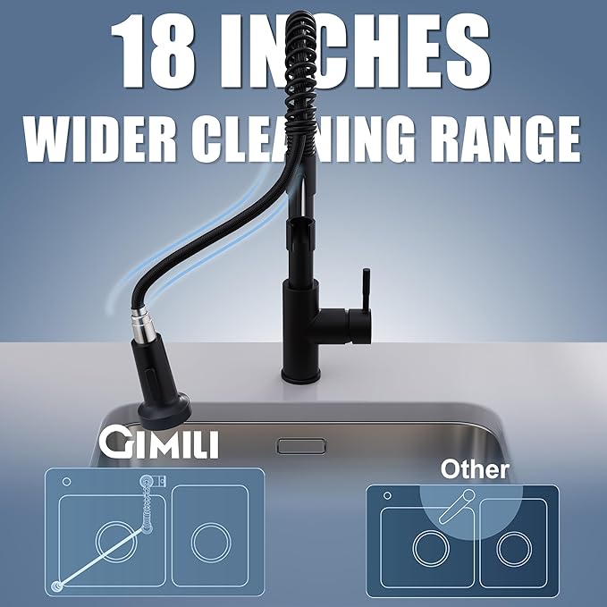 GIMILI Black Kitchen Faucet with Pull Down Sprayer Single Hole Spring Kitchen Sink Faucet, Suitable for Farmhouses, RV, Utility Laundry Room, Outdoor, and Campers. Llave para fregadero de cocina