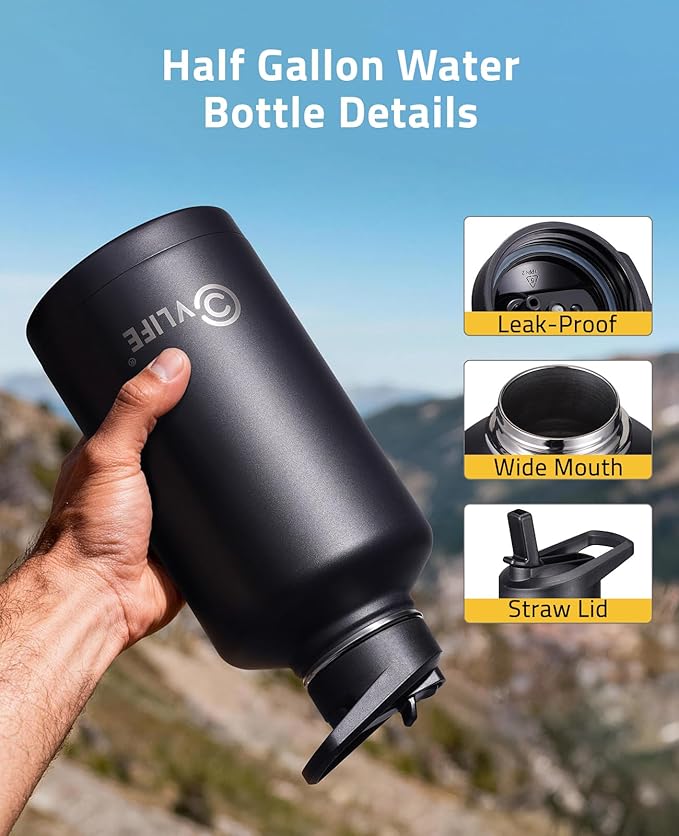 CVLIFE Half Gallon Water Bottle with Straw, 64 oz Insulated Stainless Steel Water Jug, Battle Sports Bottle with Bottle Pouch, Durable Handle, Removable Sleeve for Gym, Hiking, Camping (Black 2 Liter)