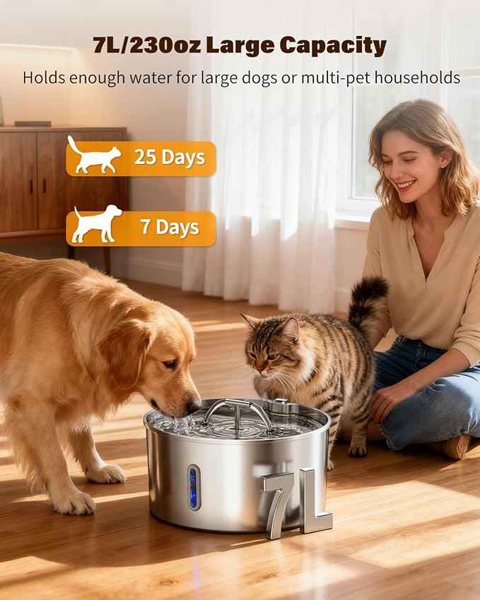 Dog Water Fountain for Large Dogs, 7L/236oz Stainless Steel Dog Fountain Water Bowl Dispenser, Automatic Cat Water Fountain with Ultra Quiet Pump, Large Drinking Area