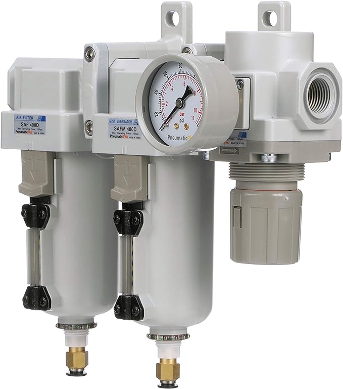 PneumaticPlus SAU430-N04DG-MEP Three Stage Air Drying System Particulate Air Filter, Coalescing Filter, Air Pressure Regulator Combo 1/2" NPT - Metal Bowl, Auto Drain, Bracket, Gauge - AquaVibe