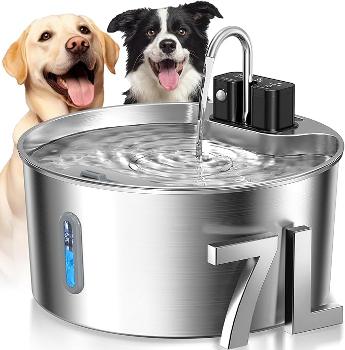 Voluas Dog Water Fountain: 1.8Gal/7L Wireless Stainless Steel Dog Fountain Bowl for Small to Large Dogs, Battery Operated Pet Water Dispenser Indoor with Ultra-Quiet Pump, Easy Clean BPA-Free
