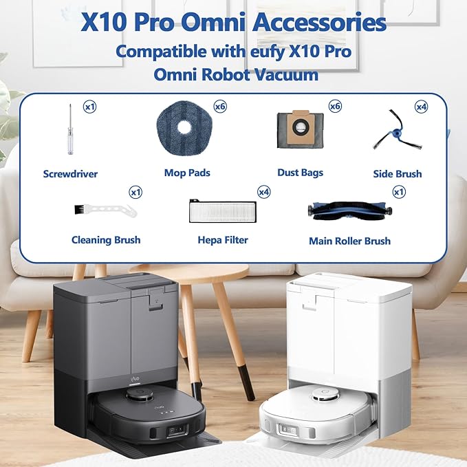 23 Pack X10 Pro Omni Replacement Parts for Eufy X10 Pro Omni Robot Vacuum, 1 Main Brush, 4 Hepa Filters, 4 Side Brushes, 6 Mop Pads, 6 Dust Bags, 1 Screwdriver 1 Cleaning Brush - AquaVibe