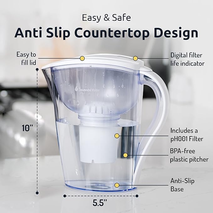 Invigorated Water Filter Pitcher with 1 Alkaline Filter – BPA-Free High pH Purifier, 15-Cup Capacity with SmartLight Filter Change Indicator, (96 Gallon) Long Filter Life