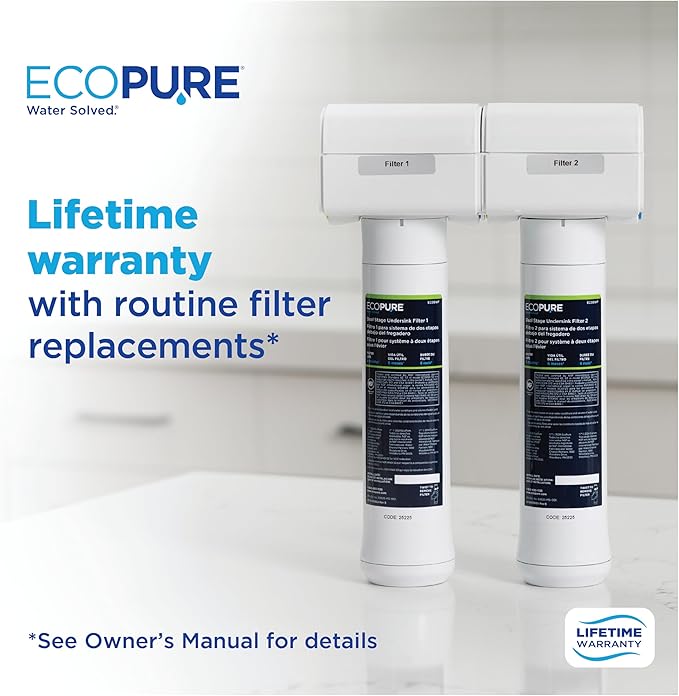 EcoPure ECOP20 2 Stage Under Sink Water Filter System – NSF-Certified to Reduce 58 Contaminants – Clean Drinking Water – Easy Filter Changes – Includes Chrome Faucet & Filters